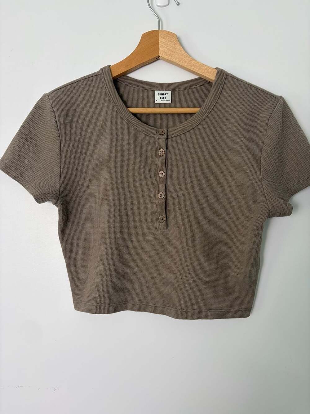 Sunday Best Brown Waffle Knit Button-Up Short Sleeve Crop Top M
